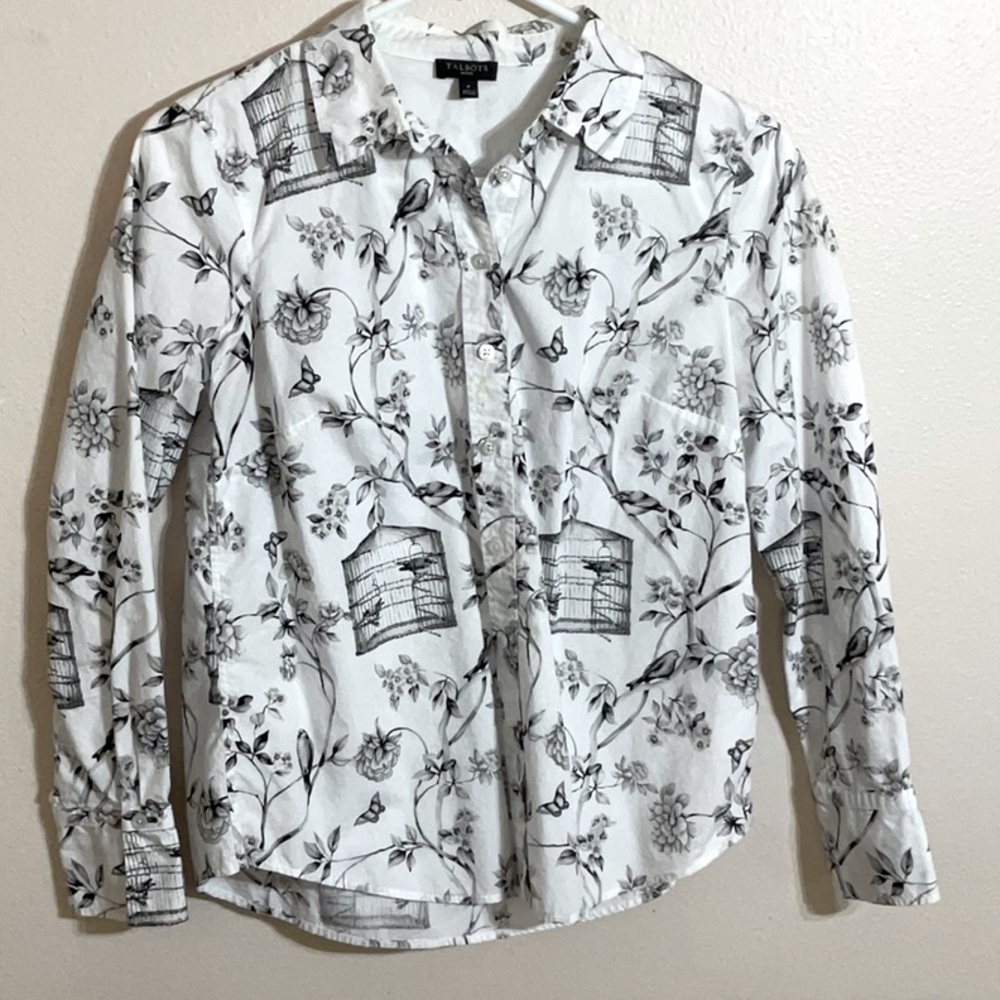 Talbots White Casual Button Down Shirt with Floral Design